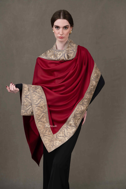 Pashtush India Womens Shawls Pashtush Womens Extra Fine Wool Shawl, Metallic Tilla Embroidery, Border Design, Maroon
