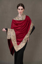 Pashtush India Womens Shawls Pashtush Womens Extra Fine Wool Shawl, Metallic Tilla Embroidery, Border Design, Maroon