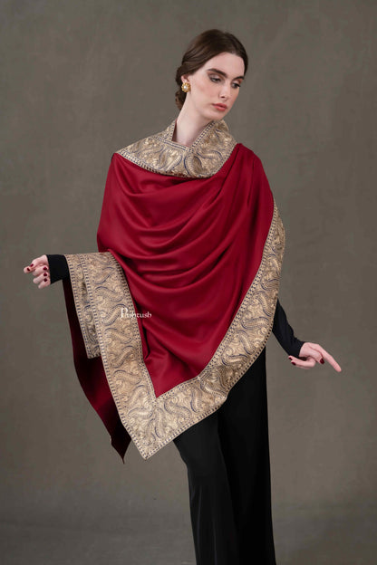 Pashtush India Womens Shawls Pashtush Womens Extra Fine Wool Shawl, Metallic Tilla Embroidery, Border Design, Maroon