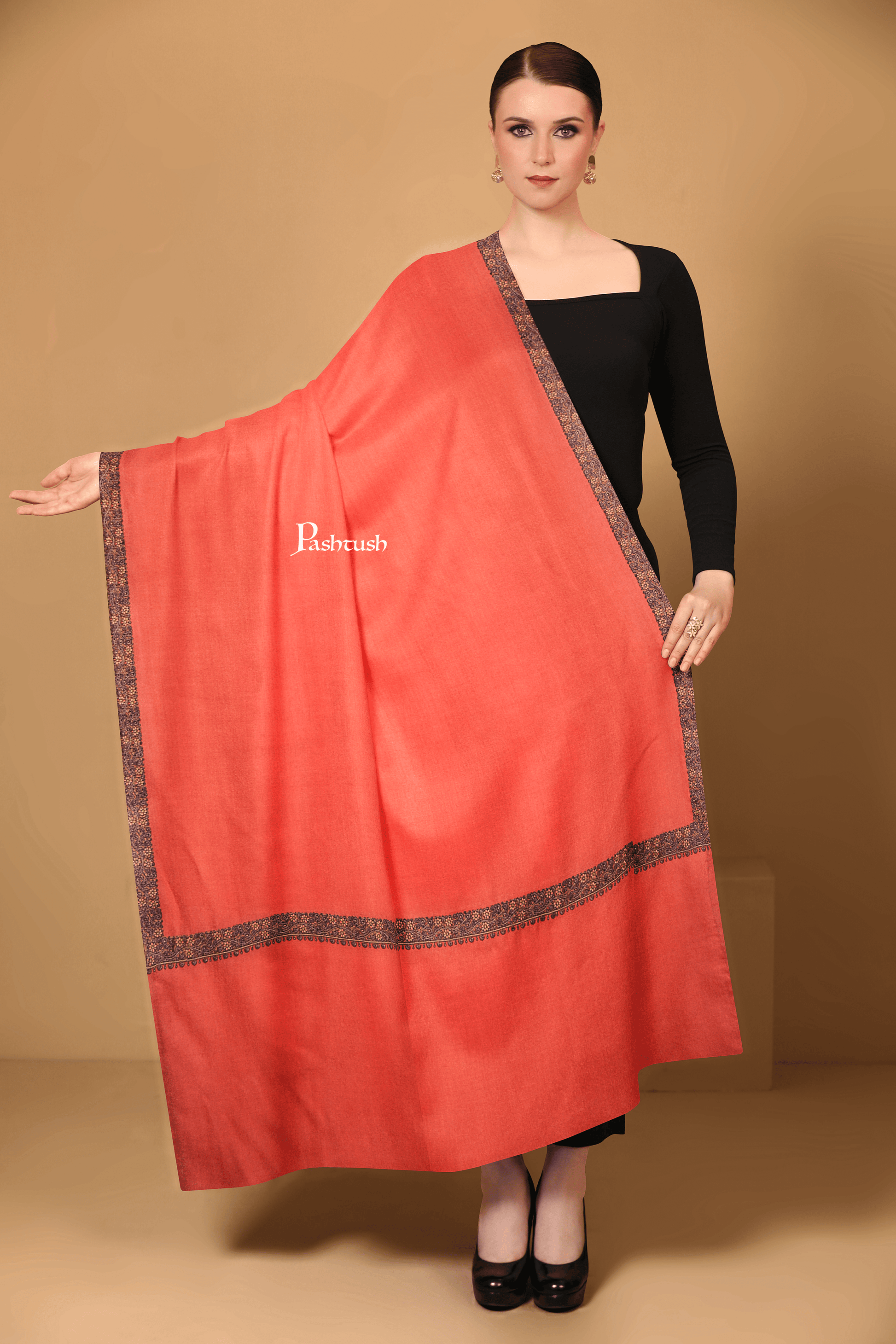 Pashtush India Womens Shawls Pashtush Womens Extra Fine Wool Shawl, Multi Border Embroidery  Design, Deep Orange