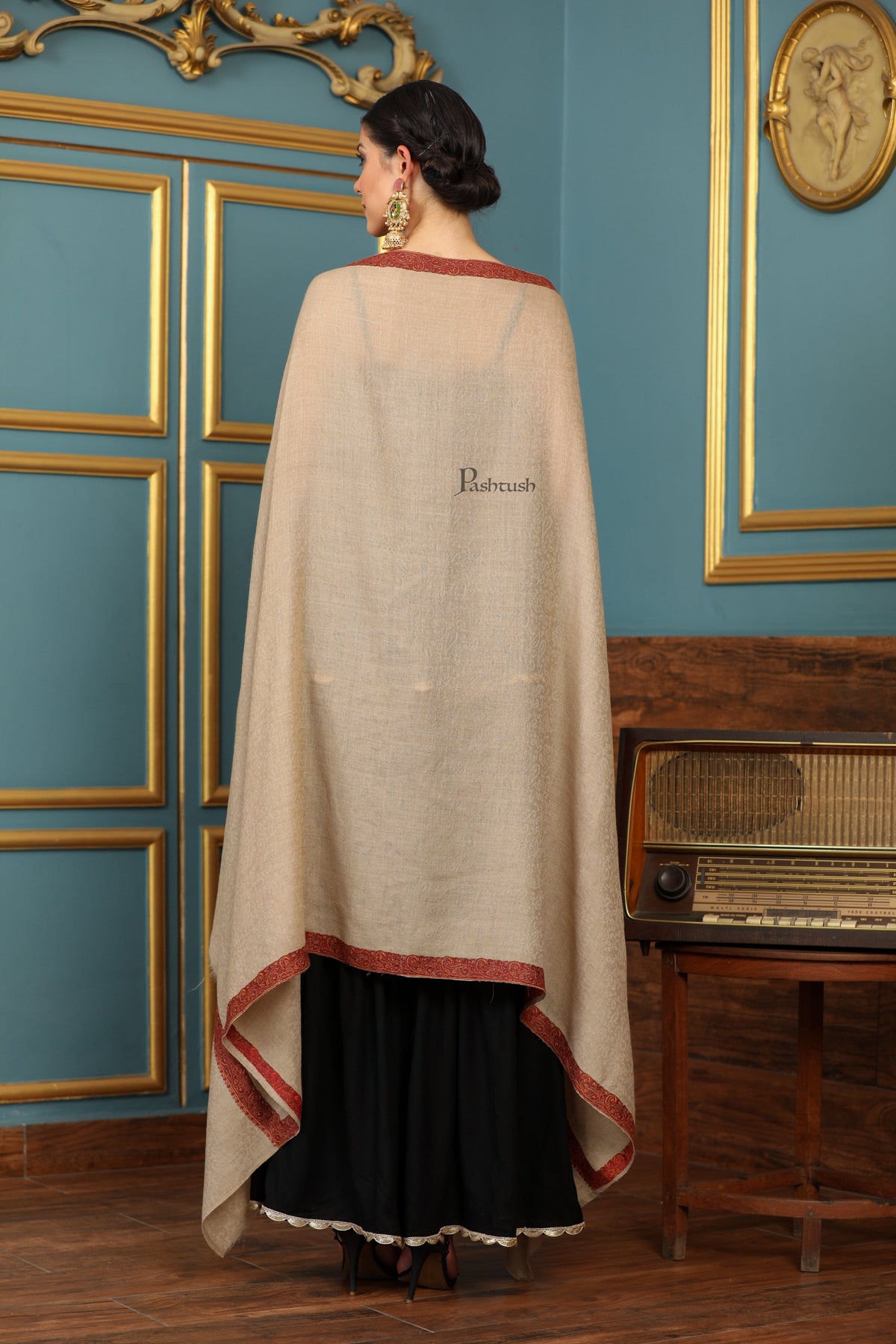 Pashtush India Womens Shawls Pashtush Womens Extra Fine Wool Shawl, Mutli Border Design, Beige
