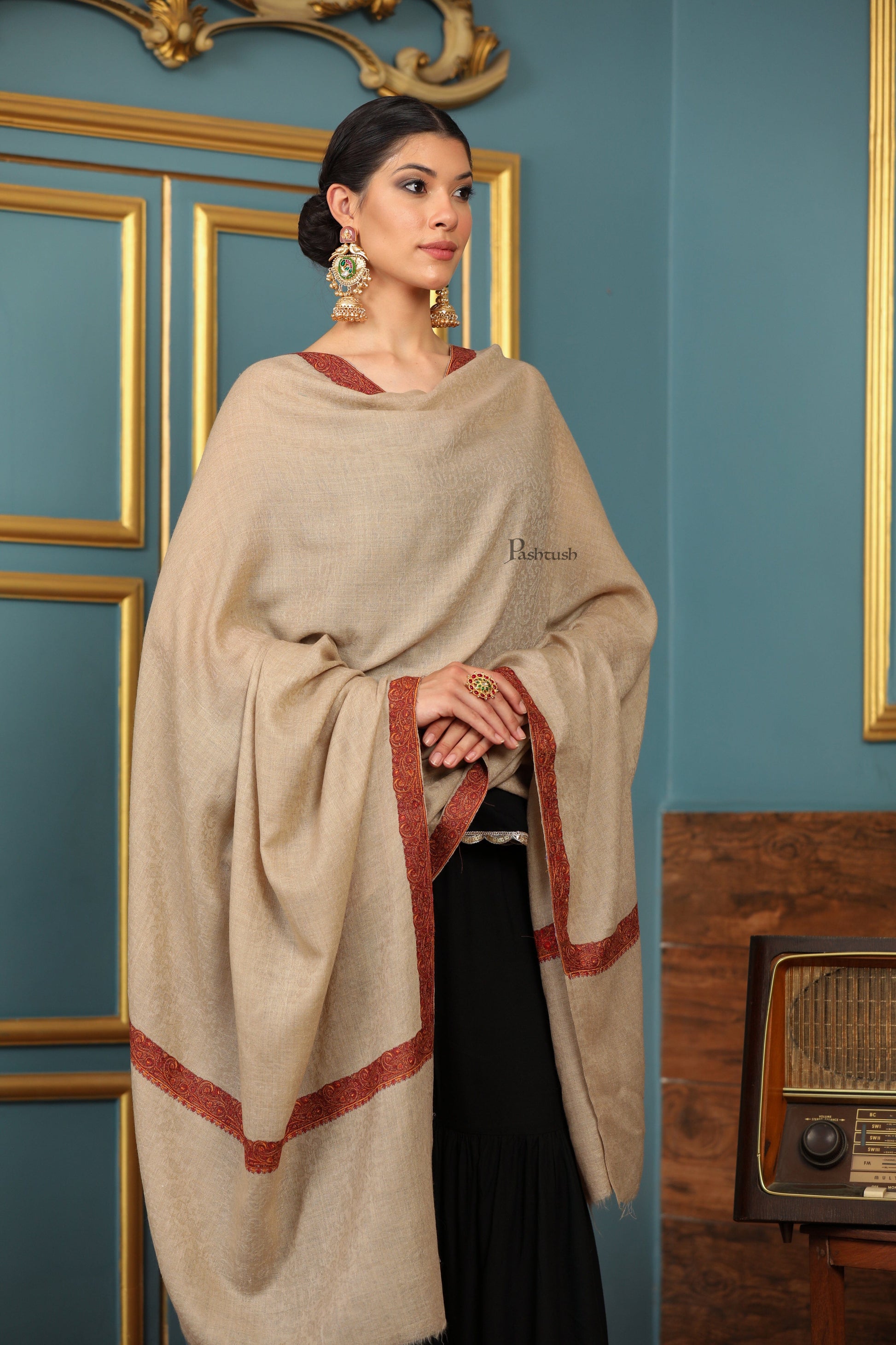Pashtush India Womens Shawls Pashtush Womens Extra Fine Wool Shawl, Mutli Border Design, Beige