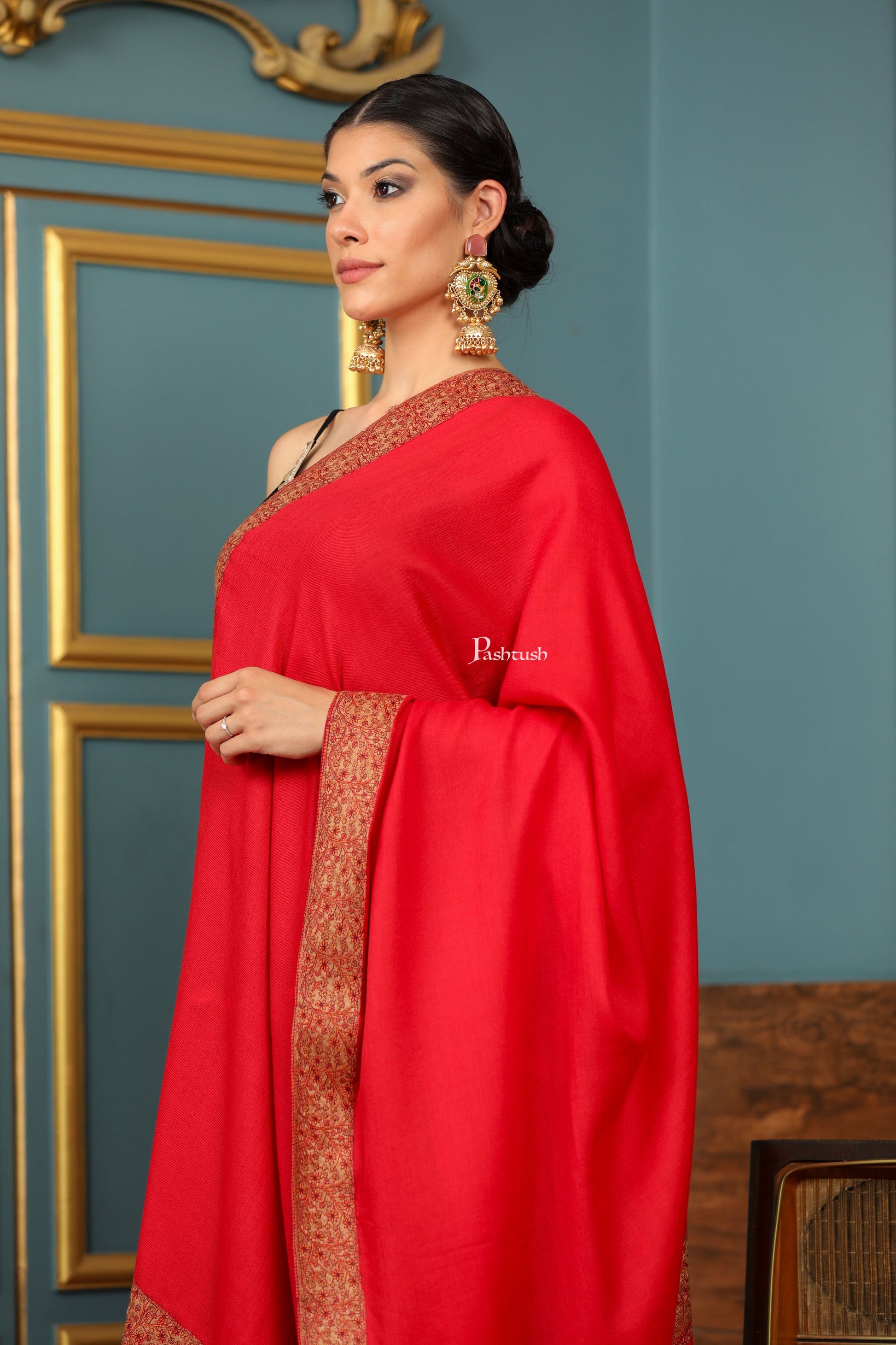 Pashtush India Womens Shawls Pashtush Womens Extra Fine Wool Shawl, Mutli Border Design, Red