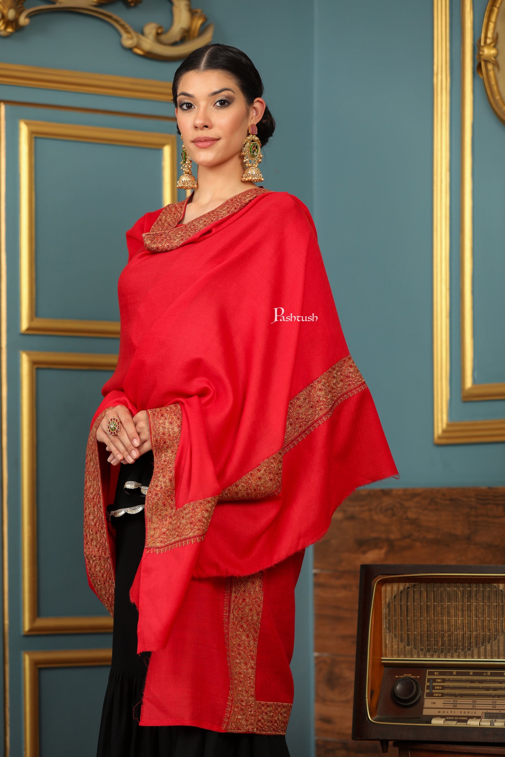 Pashtush India Womens Shawls Pashtush Womens Extra Fine Wool Shawl, Mutli Border Design, Red