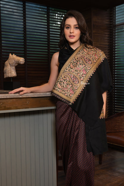 Pashtush India Womens Shawls Pashtush Womens Extra Fine Wool Shawl, Nalki Embroidery Design, Black