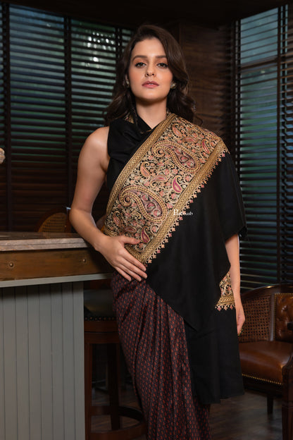 Pashtush India Womens Shawls Pashtush Womens Extra Fine Wool Shawl, Nalki Embroidery Design, Black