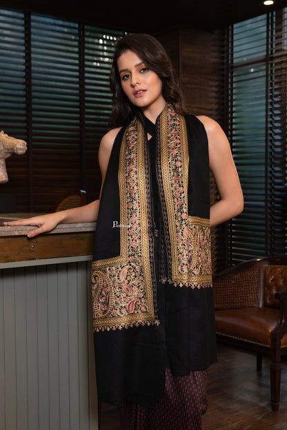 Pashtush India Womens Shawls Pashtush Womens Extra Fine Wool Shawl, Nalki Embroidery Design, Black
