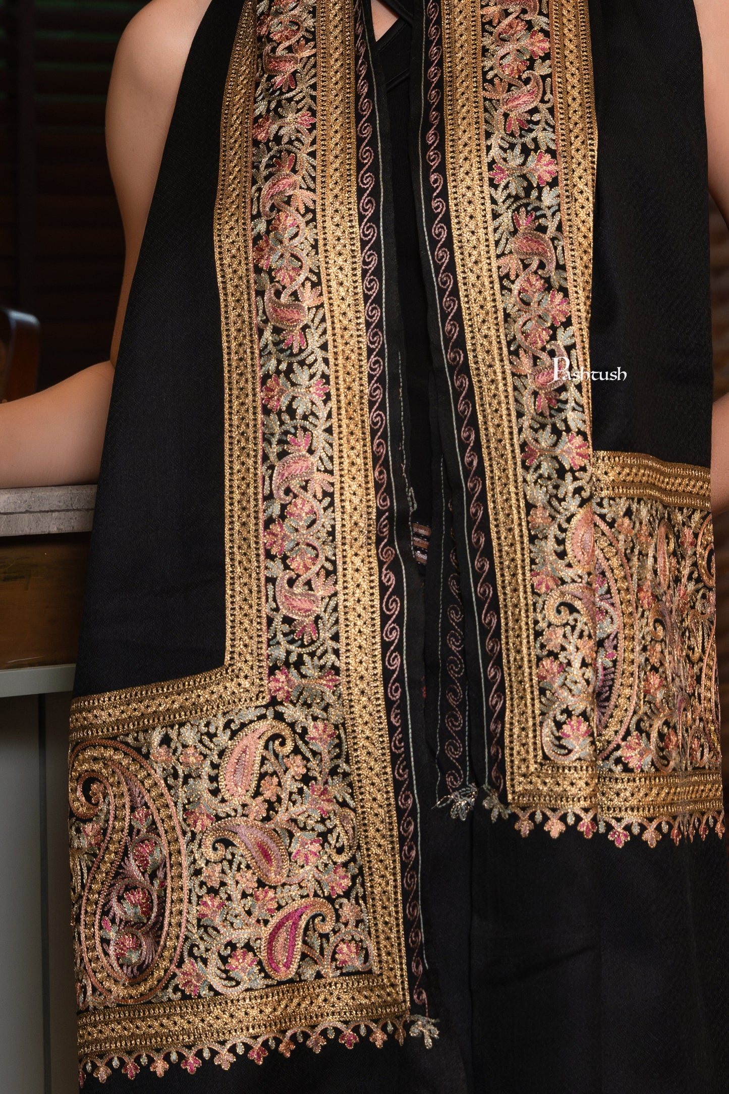 Pashtush India Womens Shawls Pashtush Womens Extra Fine Wool Shawl, Nalki Embroidery Design, Black