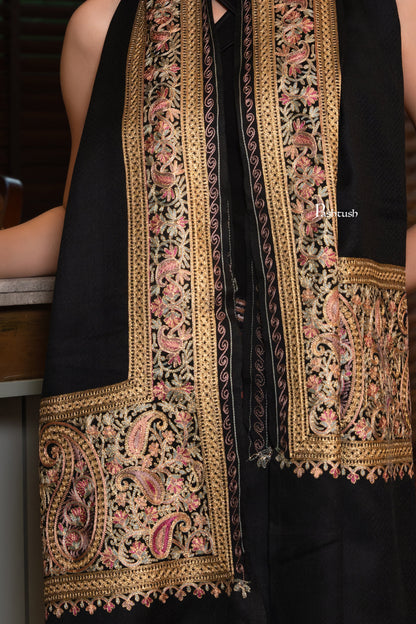 Pashtush India Womens Shawls Pashtush Womens Extra Fine Wool Shawl, Nalki Embroidery Design, Black