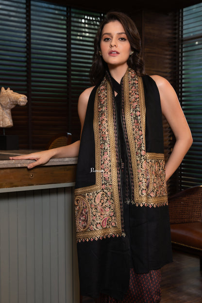 Pashtush India Womens Shawls Pashtush Womens Extra Fine Wool Shawl, Nalki Embroidery Design, Black