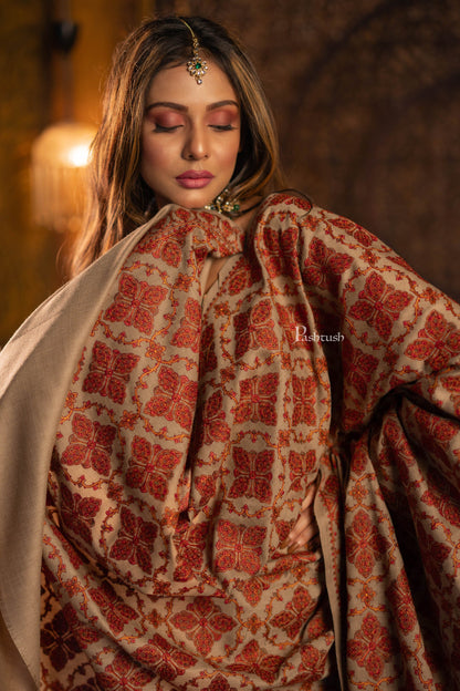 Pashtush India Womens Shawls Pashtush Womens Extra Fine Wool Shawl, Needlework  Heavy Jaal Design, Beige