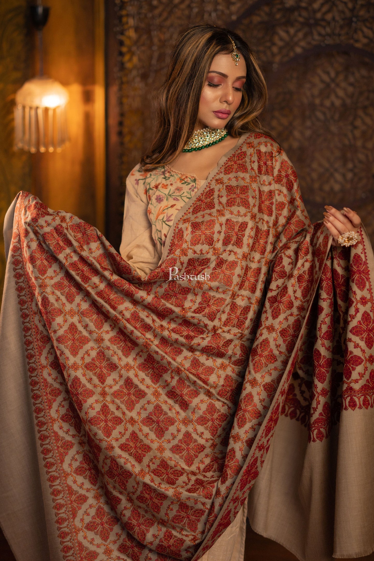 Pashtush India Womens Shawls Pashtush Womens Extra Fine Wool Shawl, Needlework  Heavy Jaal Design, Beige
