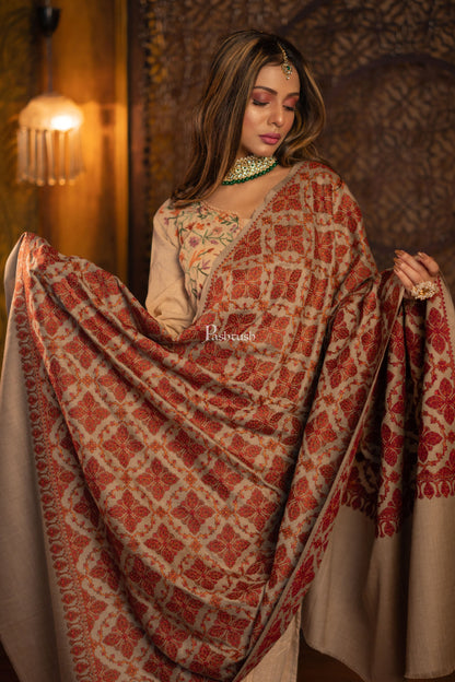 Pashtush India Womens Shawls Pashtush Womens Extra Fine Wool Shawl, Needlework  Heavy Jaal Design, Beige