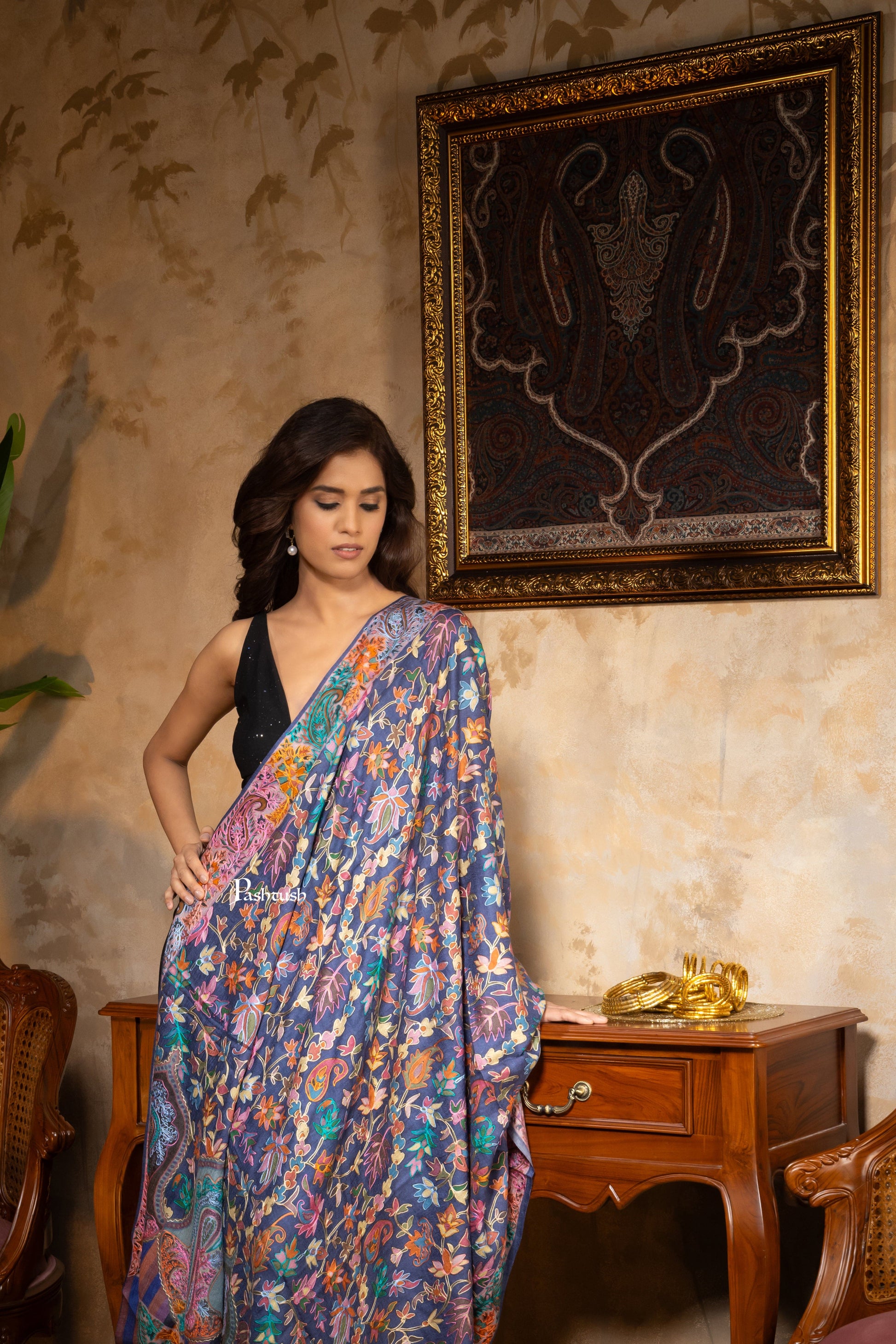 Pashtush India Womens Stoles and Scarves Scarf Pashtush Womens Extra Fine Wool Shawl, Paisley Nalki Design, Multicolour