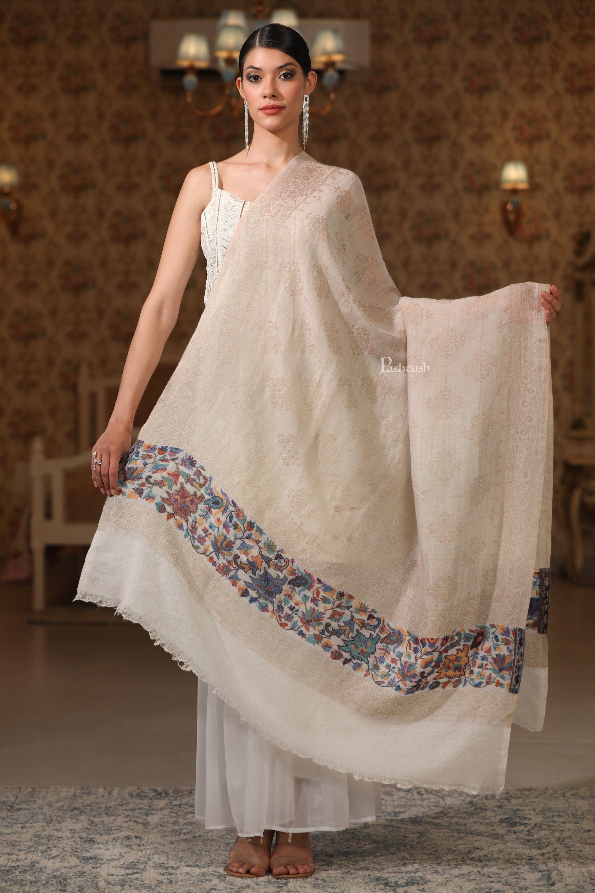 Pashtush India Womens Shawls Pashtush Womens Extra Fine Wool Shawl, Paisley Palla Twilight Collection Design, Beige