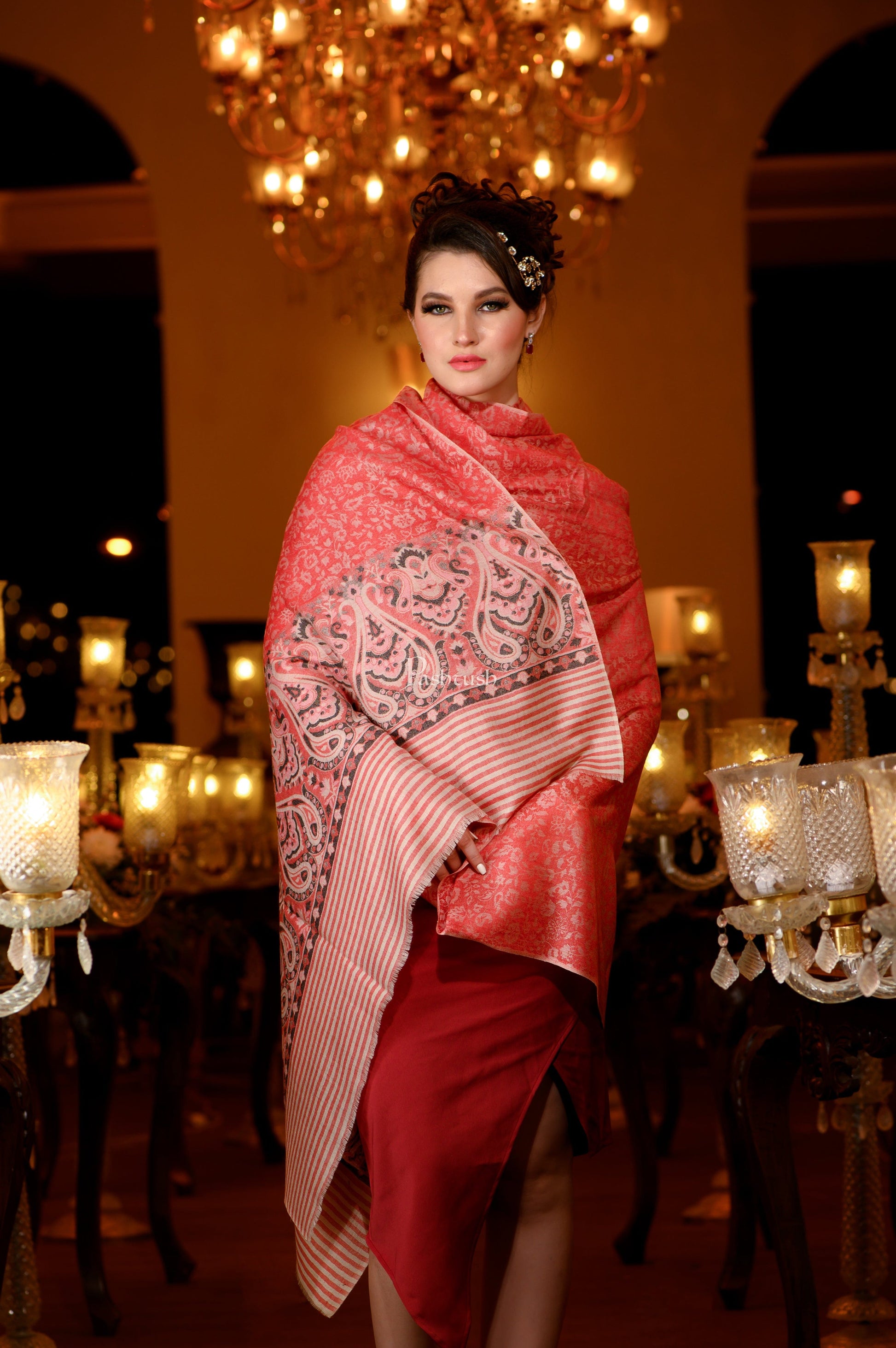Pashtush India Womens Shawls Pashtush Womens Extra Fine Wool Shawl, Paisley Weave Design, Red