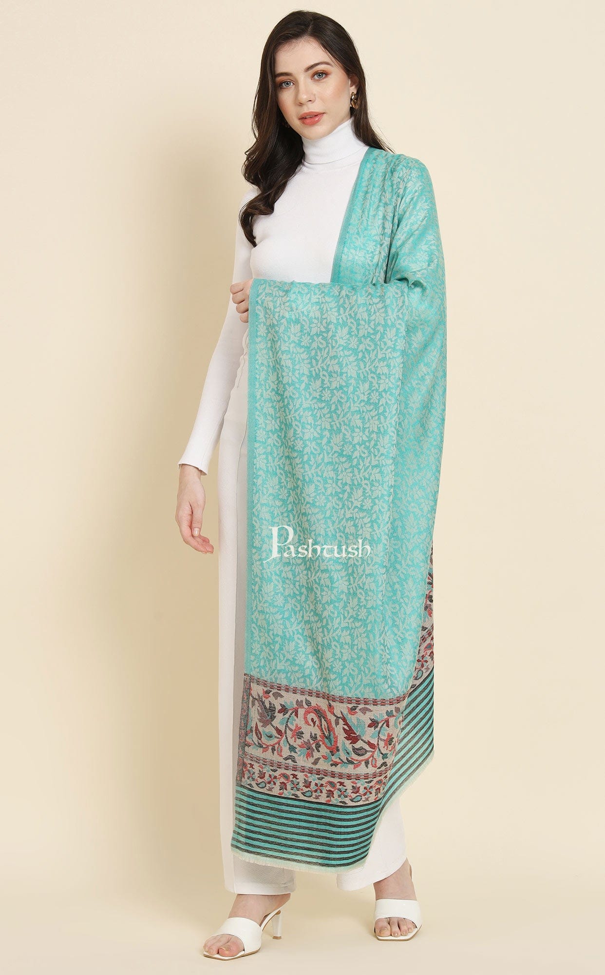 Pashtush India Womens Shawls Pashtush Womens Extra Fine Wool Shawl, Paisley Weave Design, Seagreen
