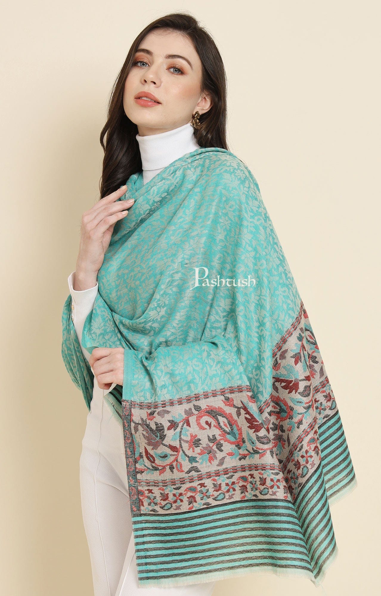 Pashtush India Womens Shawls Pashtush Womens Extra Fine Wool Shawl, Paisley Weave Design, Seagreen