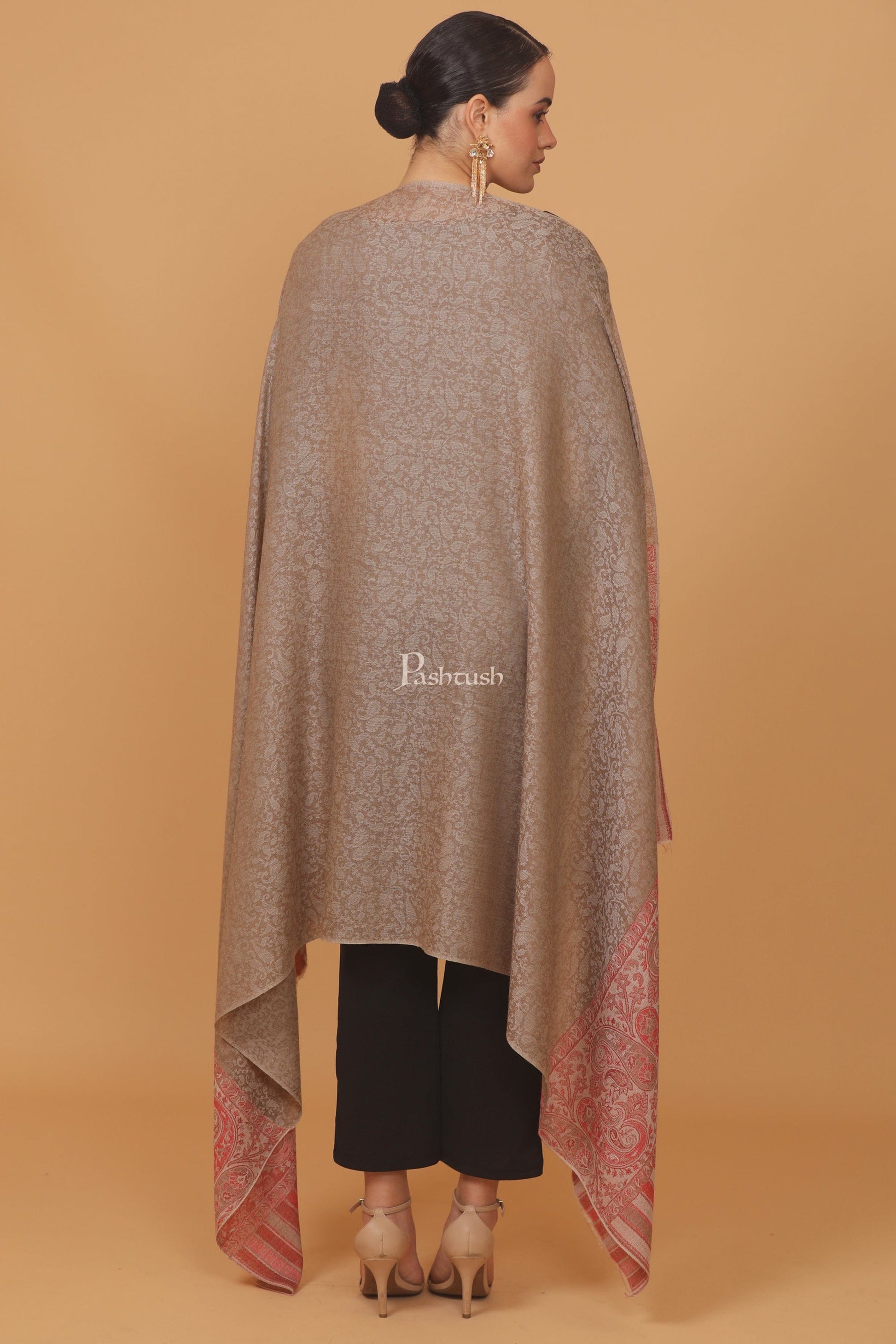 Pashtush India Womens Stoles and Scarves Scarf Pashtush womens Extra Fine Wool shawl, PAISLEY WEAVE design, Taupe