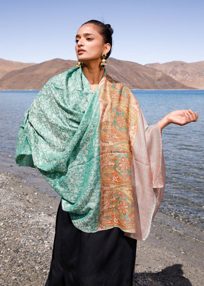 Pashtush India Womens Shawls Pashtush Womens Extra Fine Wool Shawl, Paisley Weave Palla, Woven Design, Mystical Green