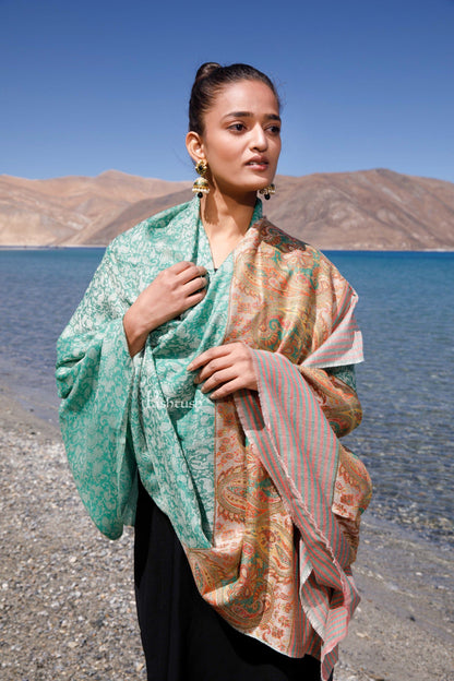Pashtush India Womens Shawls Pashtush Womens Extra Fine Wool Shawl, Paisley Weave Palla, Woven Design, Mystical Green