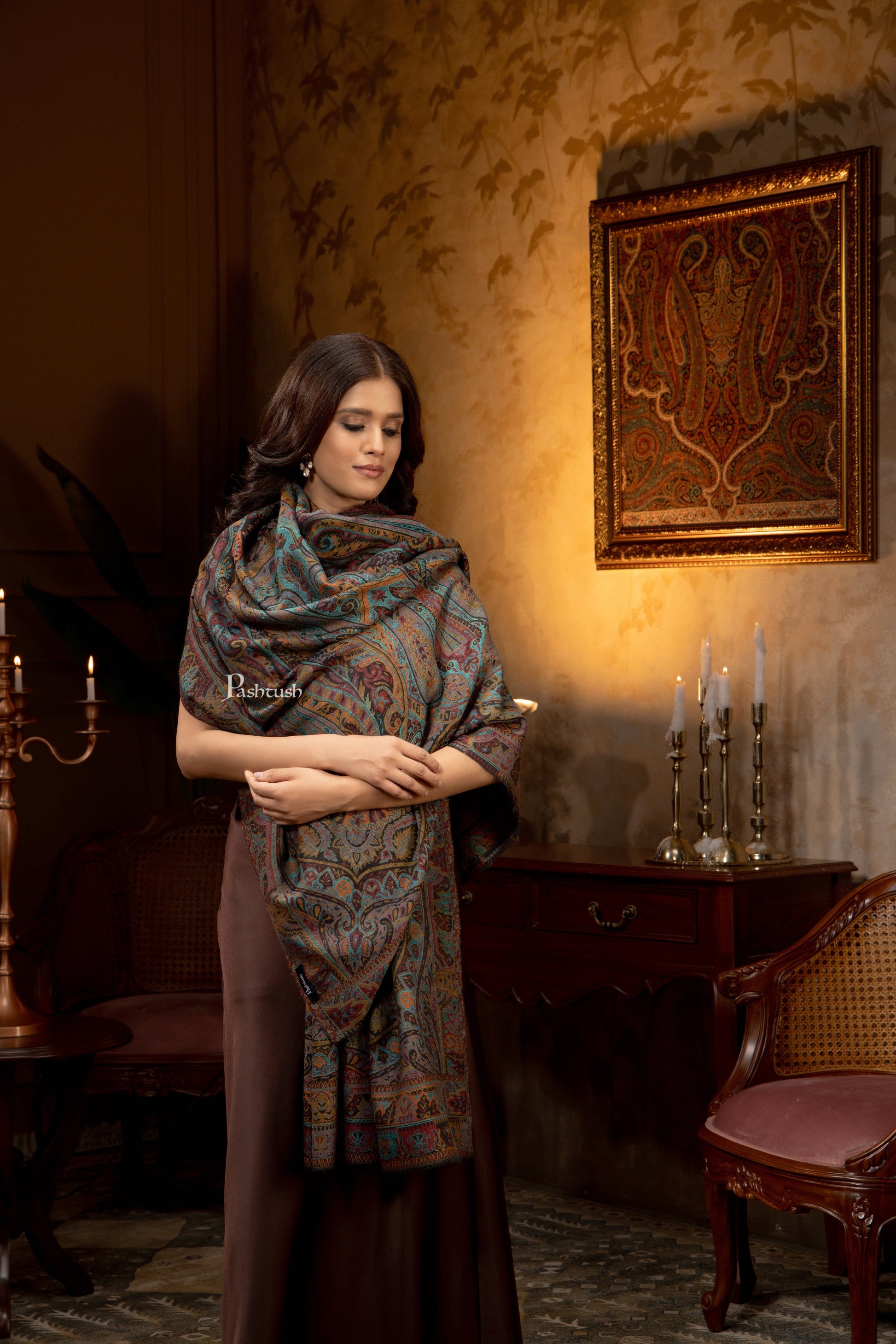 Pashtush India Womens Shawls Pashtush Womens Extra Fine Wool Shawl, Pasiley Design, Multicolour