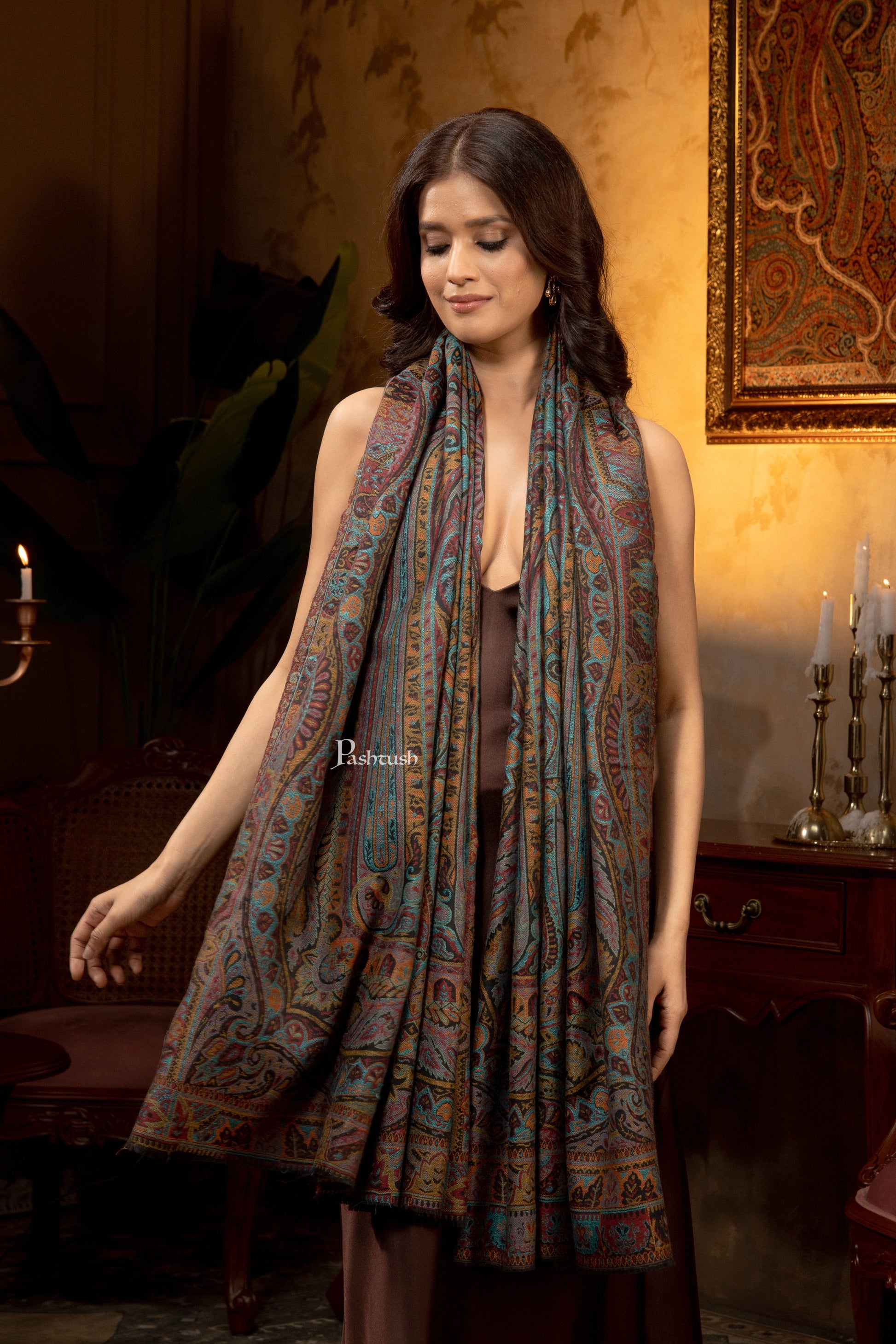 Pashtush India Womens Shawls Pashtush Womens Extra Fine Wool Shawl, Pasiley Design, Multicolour