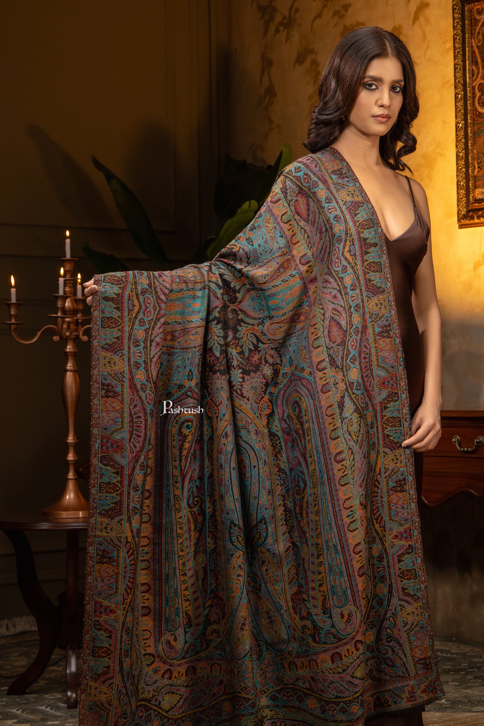 Pashtush India Womens Shawls Pashtush Womens Extra Fine Wool Shawl, Pasiley Design, Multicolour