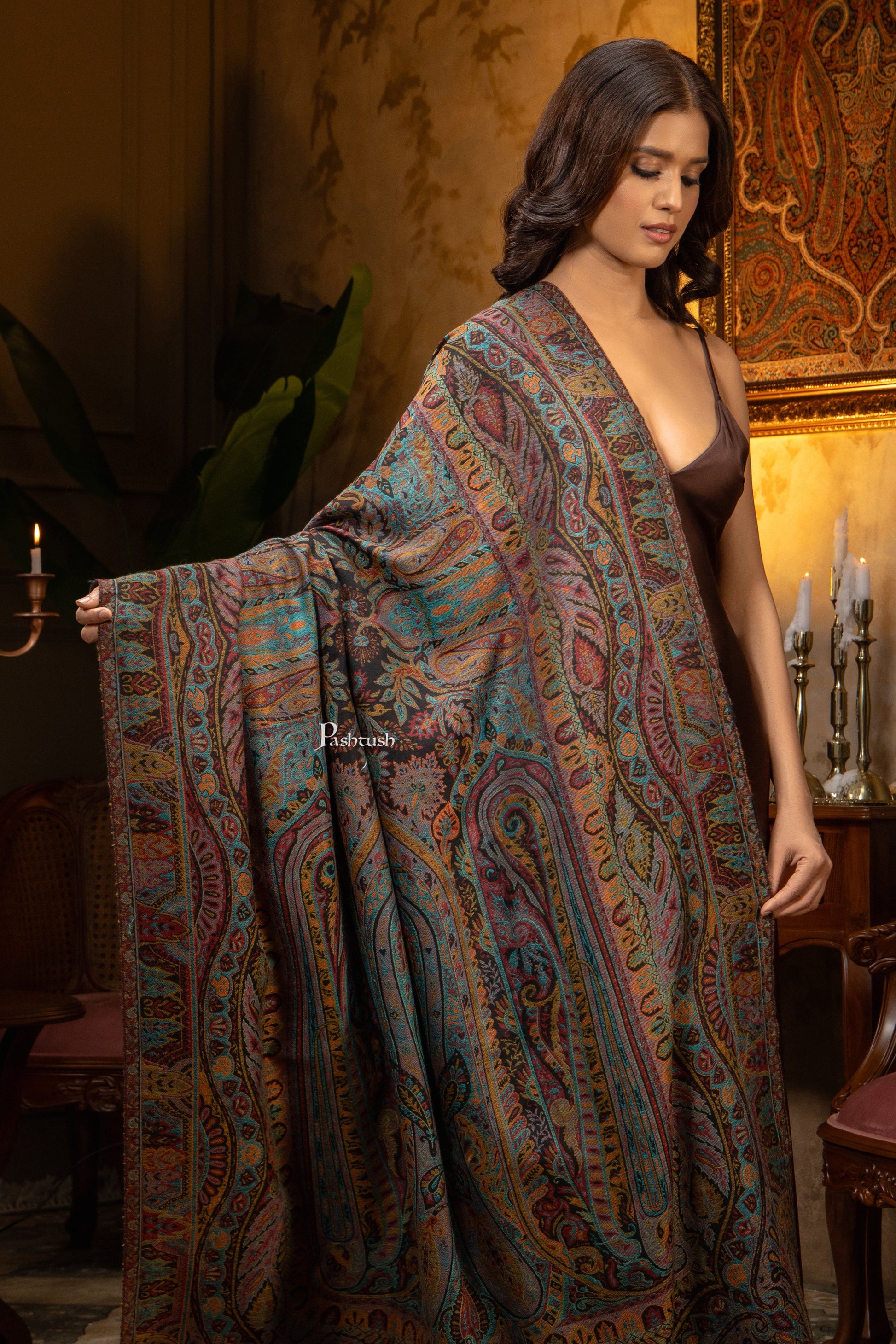 Pashtush India Womens Shawls Pashtush Womens Extra Fine Wool Shawl, Pasiley Design, Multicolour