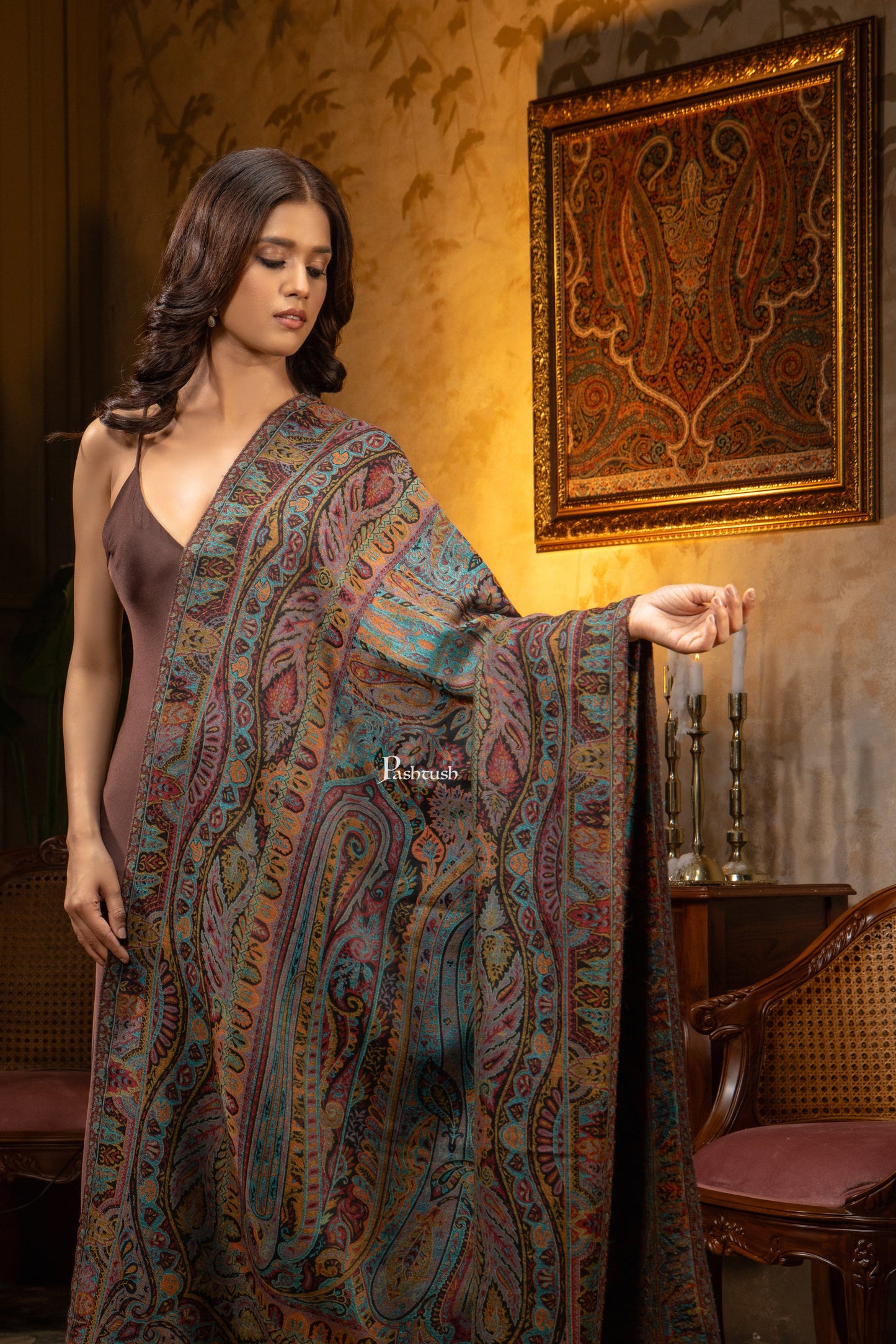 Pashtush India Womens Shawls Pashtush Womens Extra Fine Wool Shawl, Pasiley Design, Multicolour