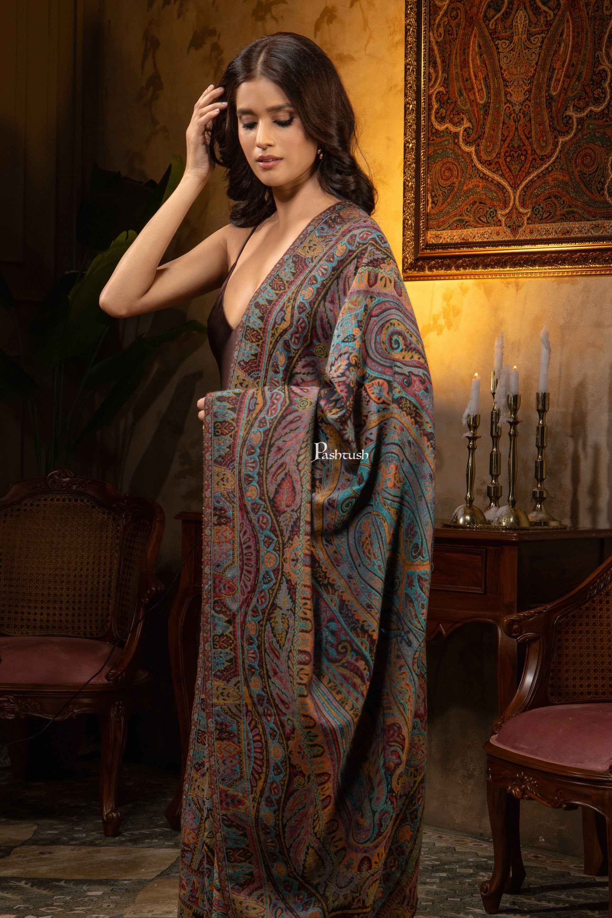 Pashtush India Womens Shawls Pashtush Womens Extra Fine Wool Shawl, Pasiley Design, Multicolour