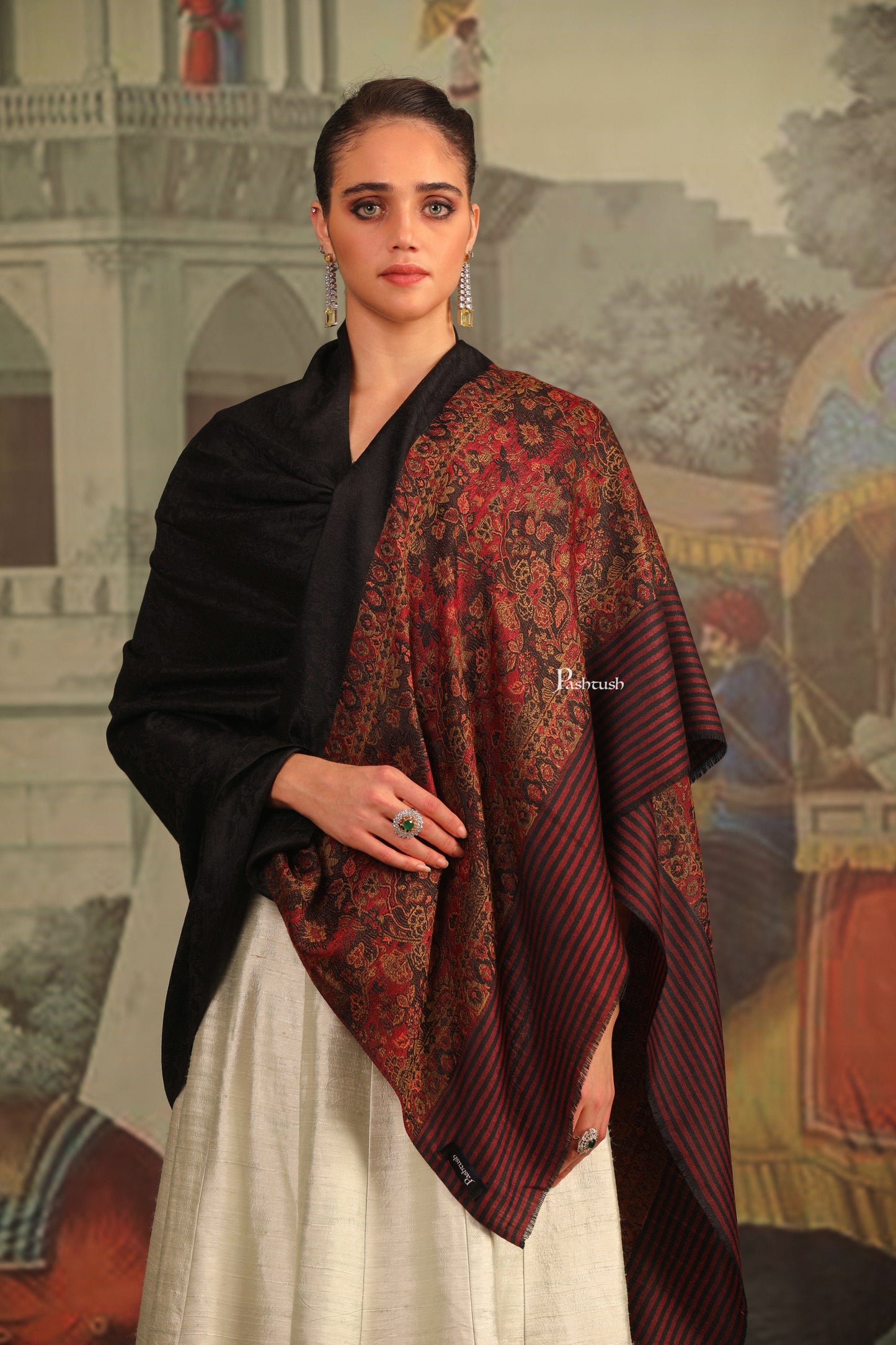 Pashtush India Womens Shawls Pashtush Womens Extra Fine Wool Shawl, Pasiley Palla Design, Black