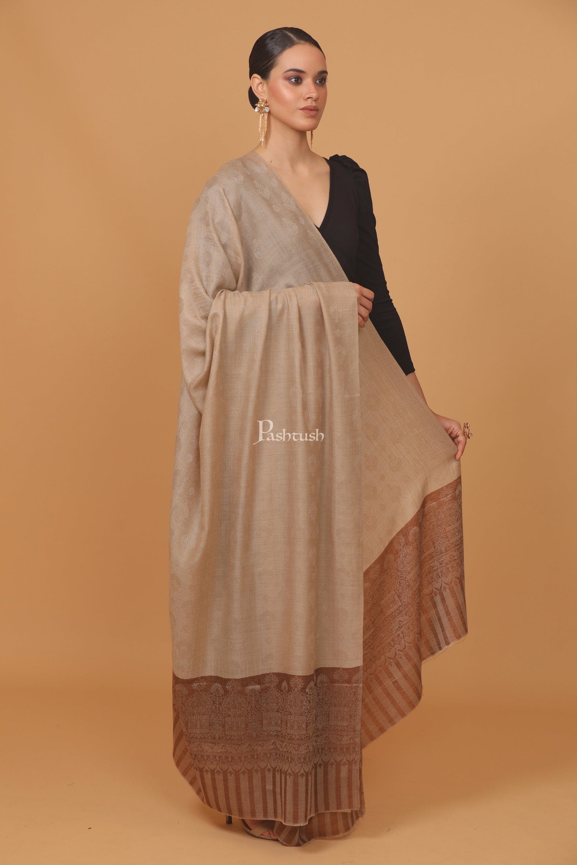 Pashtush India Womens Stoles and Scarves Scarf Pashtush womens Extra Fine Wool shawl, PASILEY WEAVE design, Coffee And Beige