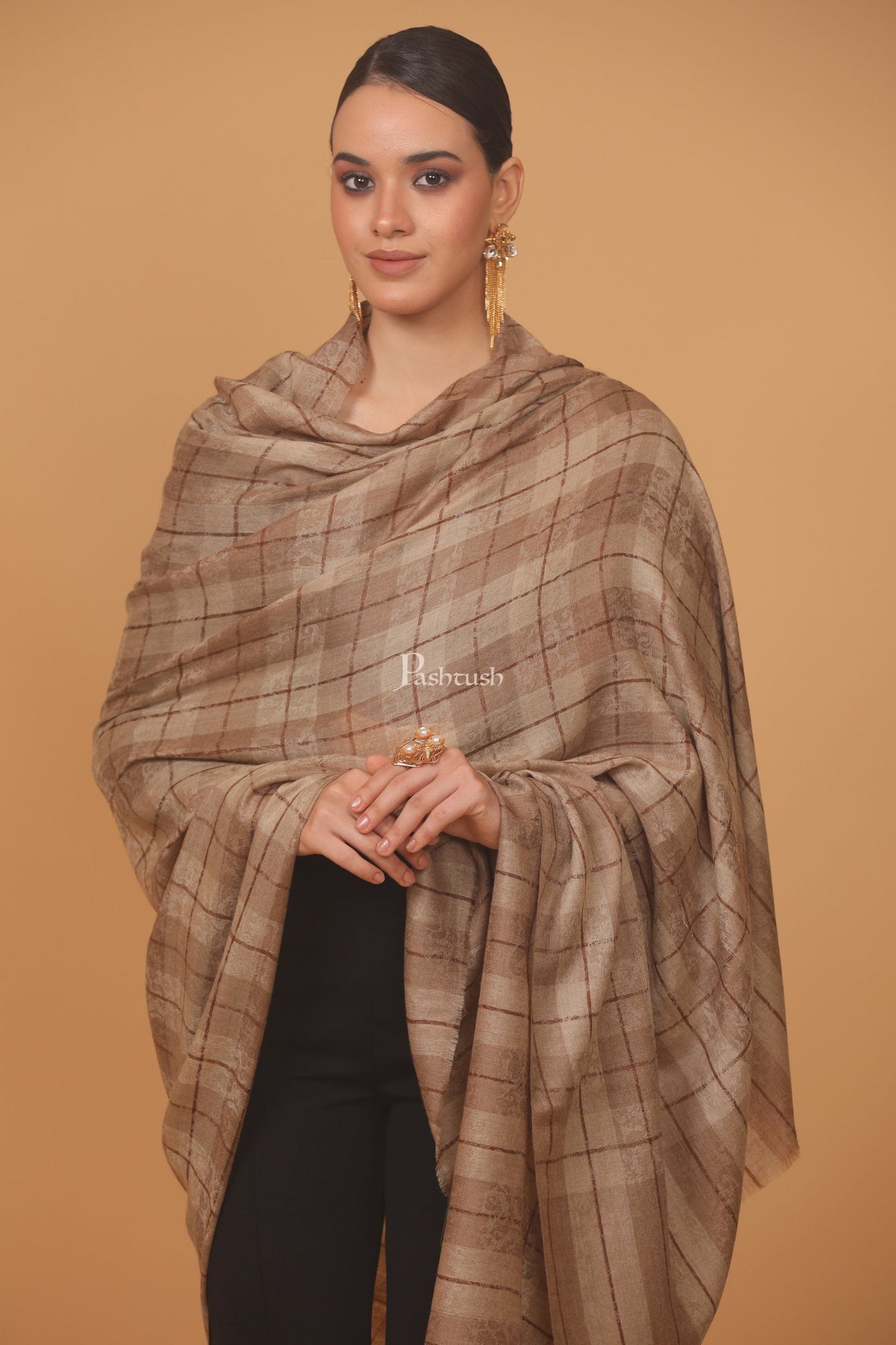 Pashtush India Womens Stoles and Scarves Scarf Pashtush womens Extra Fine Wool shawl, PASILEY WEAVE design, Taupe