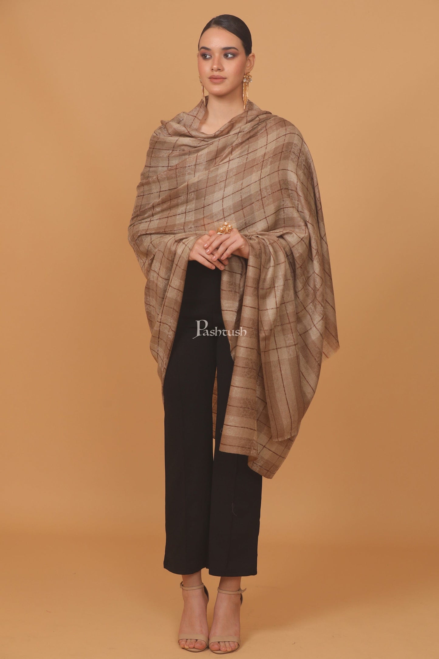 Pashtush India Womens Stoles and Scarves Scarf Pashtush womens Extra Fine Wool shawl, PASILEY WEAVE design, Taupe