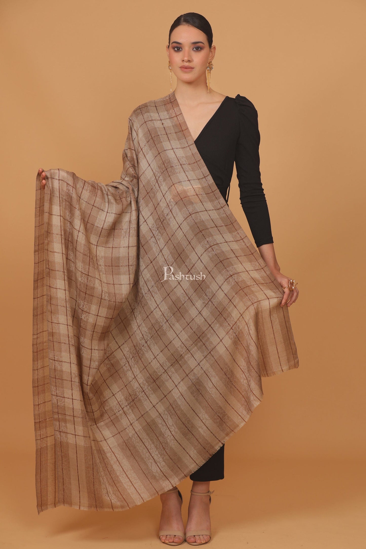 Pashtush India Womens Stoles and Scarves Scarf Pashtush womens Extra Fine Wool shawl, PASILEY WEAVE design, Taupe