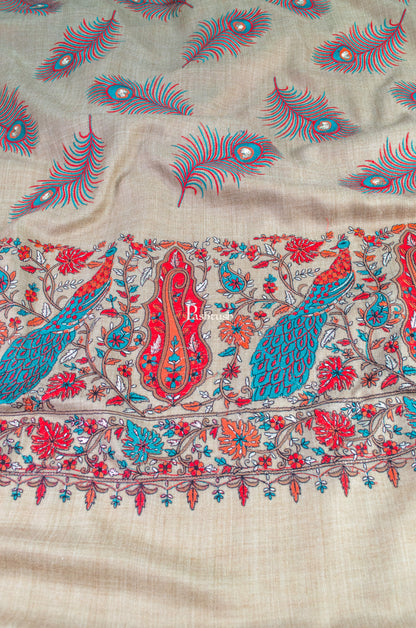 Pashtush India Womens Shawls Pashtush Womens Extra Fine Wool Shawl, Peacock Silky Embroidery Design, Beige