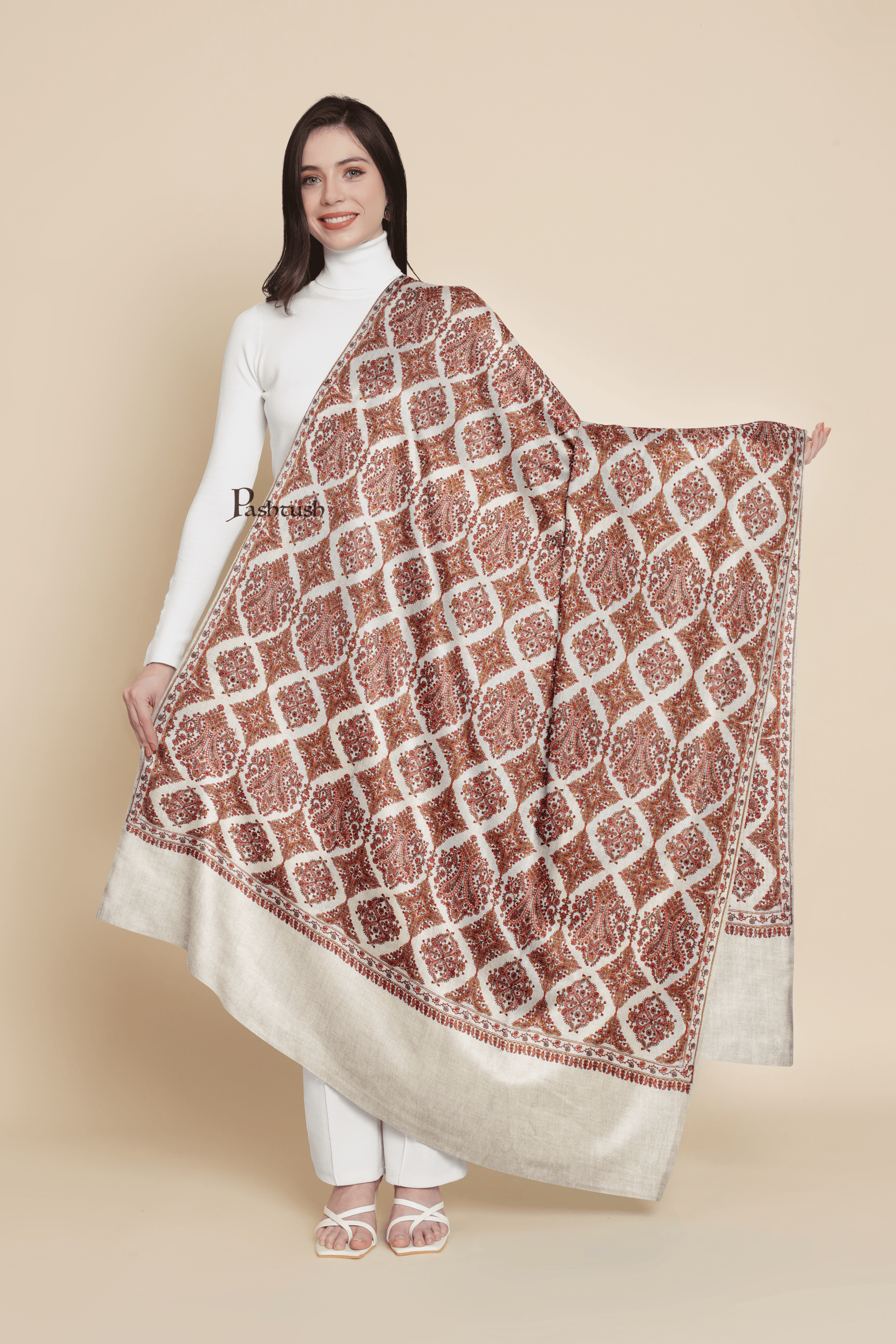 Pashtush India Womens Shawls Pashtush Womens Extra Fine Wool Shawl, Silky Embroidery Kashmiri Jaal Design, Beige