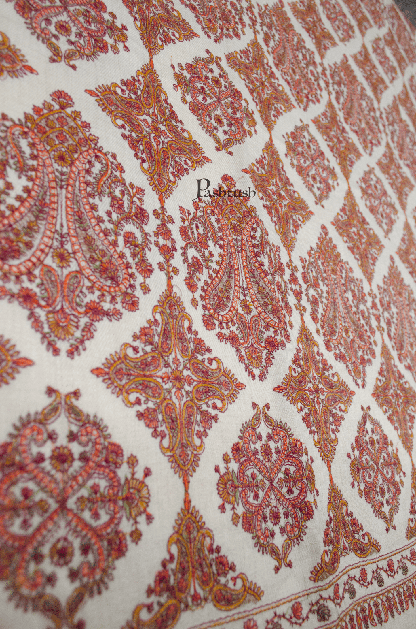 Pashtush India Womens Shawls Pashtush Womens Extra Fine Wool Shawl, Silky Embroidery Kashmiri Jaal Design, Beige