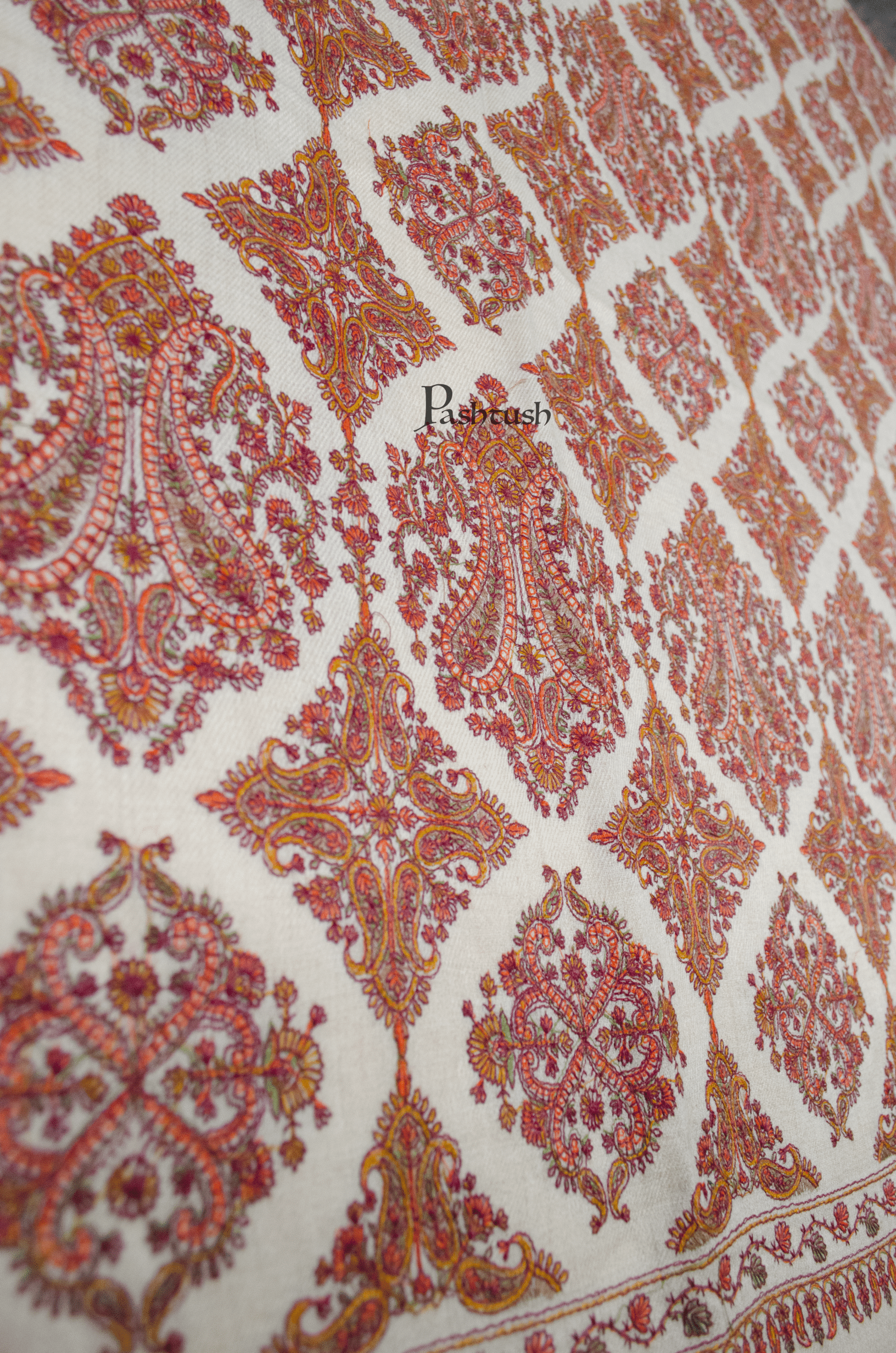 Pashtush India Womens Shawls Pashtush Womens Extra Fine Wool Shawl, Silky Embroidery Kashmiri Jaal Design, Beige