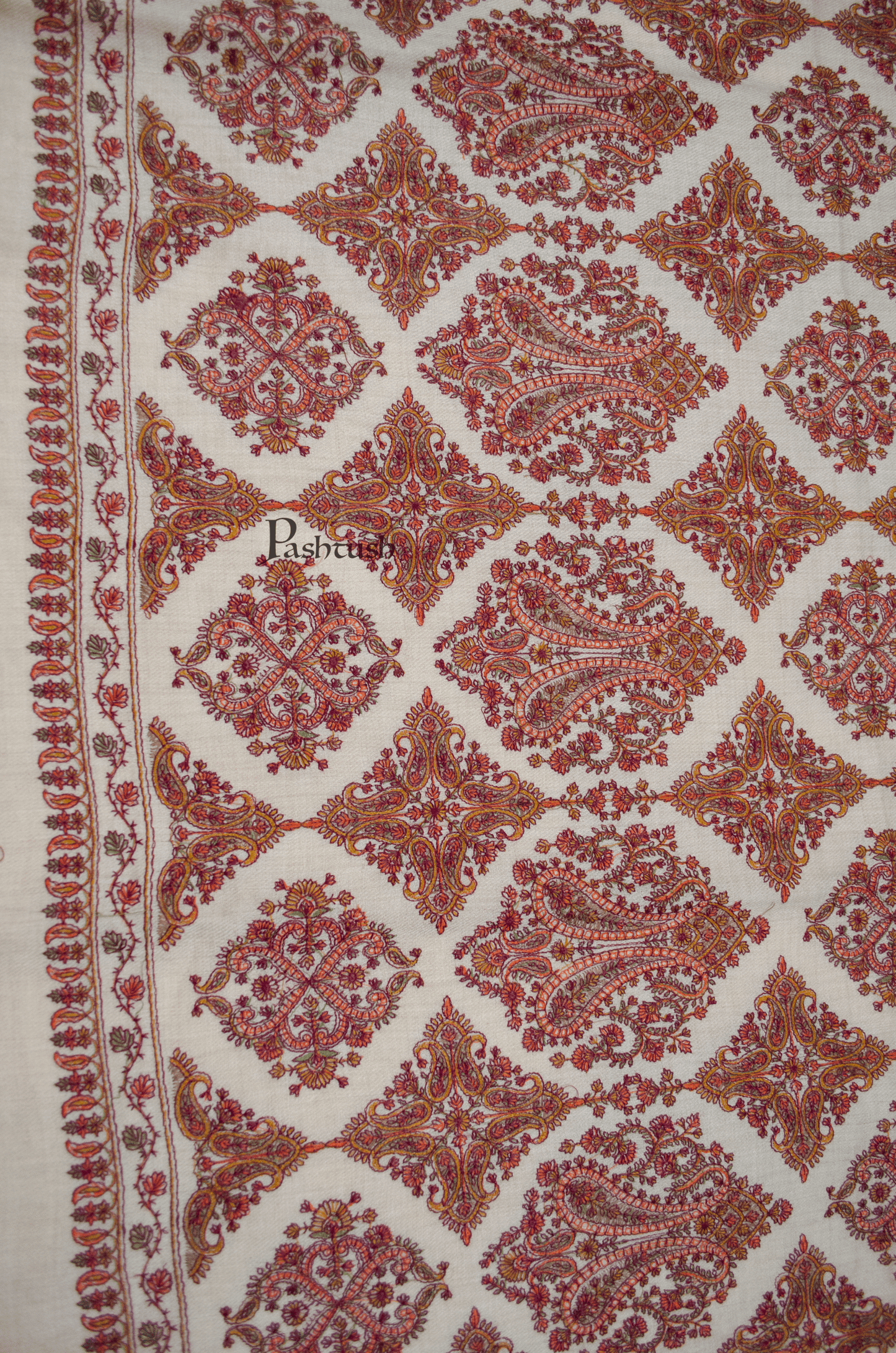 Pashtush India Womens Shawls Pashtush Womens Extra Fine Wool Shawl, Silky Embroidery Kashmiri Jaal Design, Beige