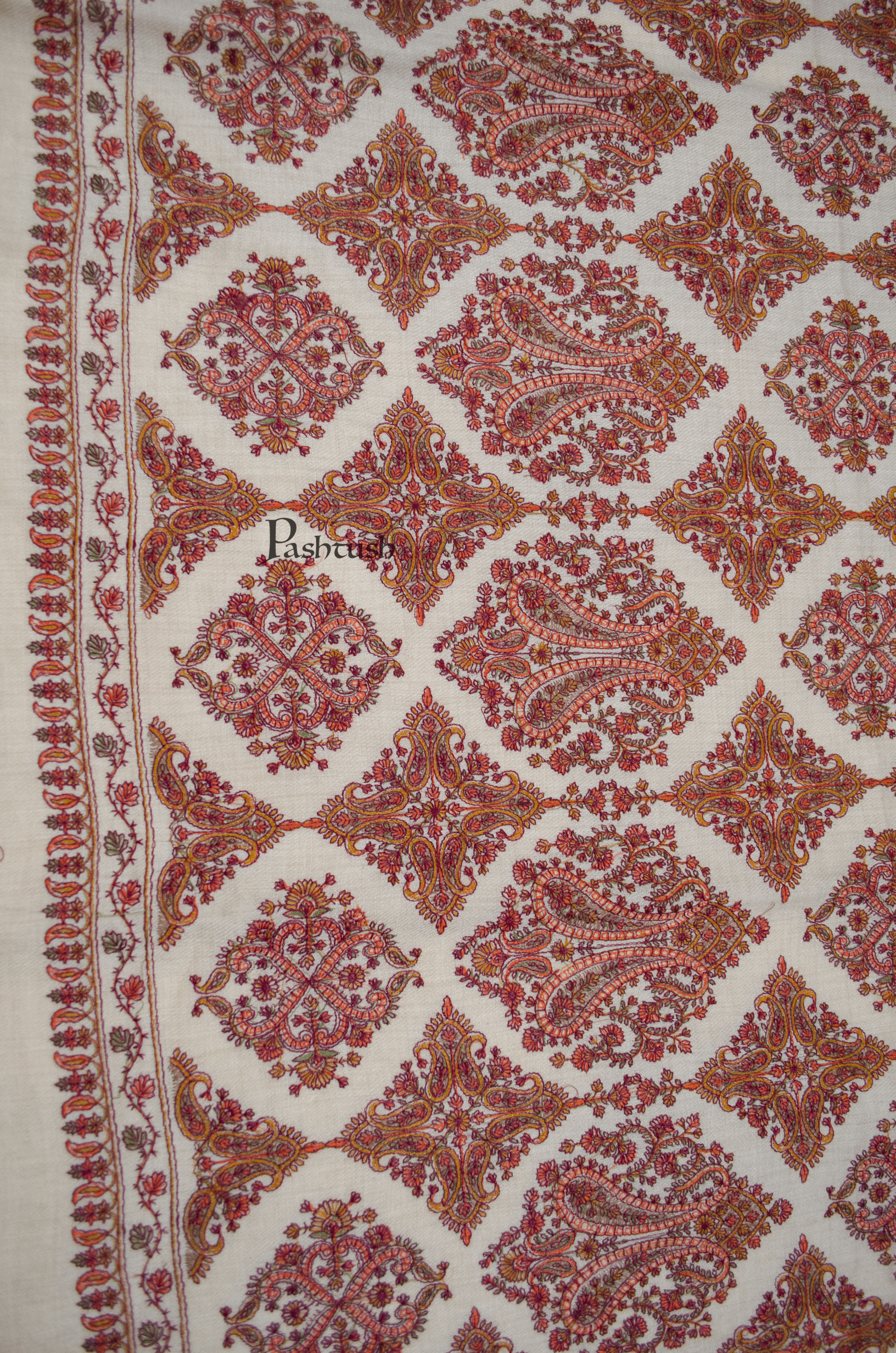 Pashtush India Womens Shawls Pashtush Womens Extra Fine Wool Shawl, Silky Embroidery Kashmiri Jaal Design, Beige