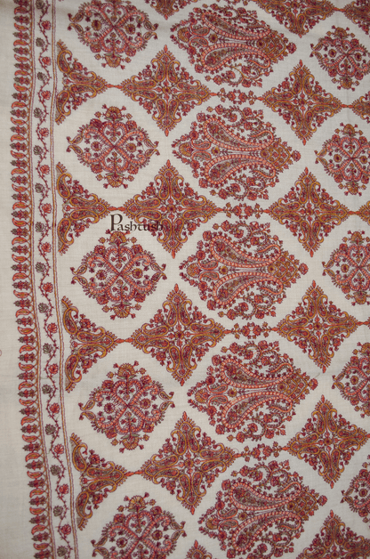 Pashtush India Womens Shawls Pashtush Womens Extra Fine Wool Shawl, Silky Embroidery Kashmiri Jaal Design, Beige