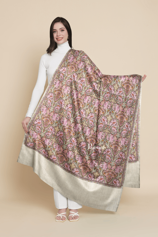 Pashtush India Womens Shawls Pashtush Womens Extra Fine Wool Shawl, Silky Embroidery Kashmiri Jaal Design, Beige And Blue
