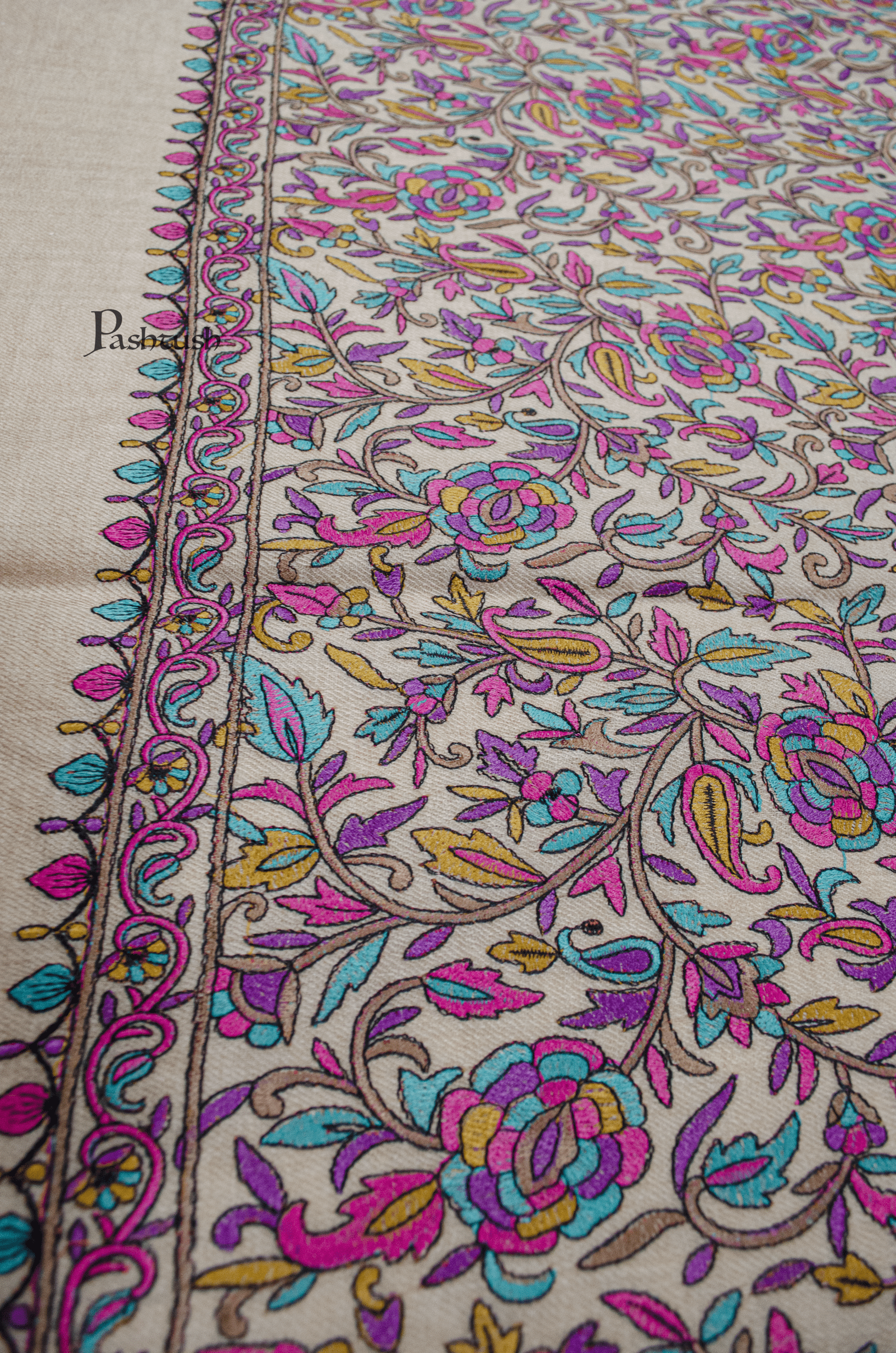 Pashtush India Womens Shawls Pashtush Womens Extra Fine Wool Shawl, Silky Embroidery Kashmiri Jaal Design, Light Beige
