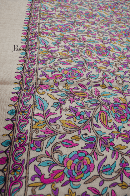 Pashtush India Womens Shawls Pashtush Womens Extra Fine Wool Shawl, Silky Embroidery Kashmiri Jaal Design, Light Beige