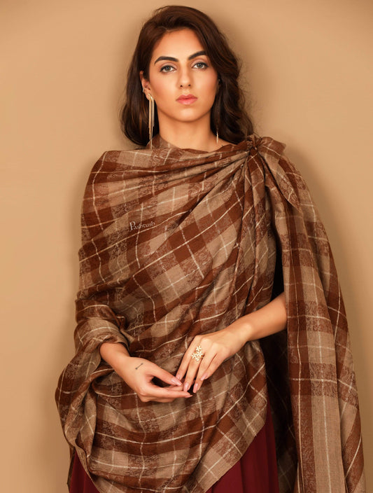 Pashtush Shawl Store Shawl Pashtush Womens Extra Fine Wool Shawl, Soft and Warm, Choco Checks, ( Large Wrap Size )