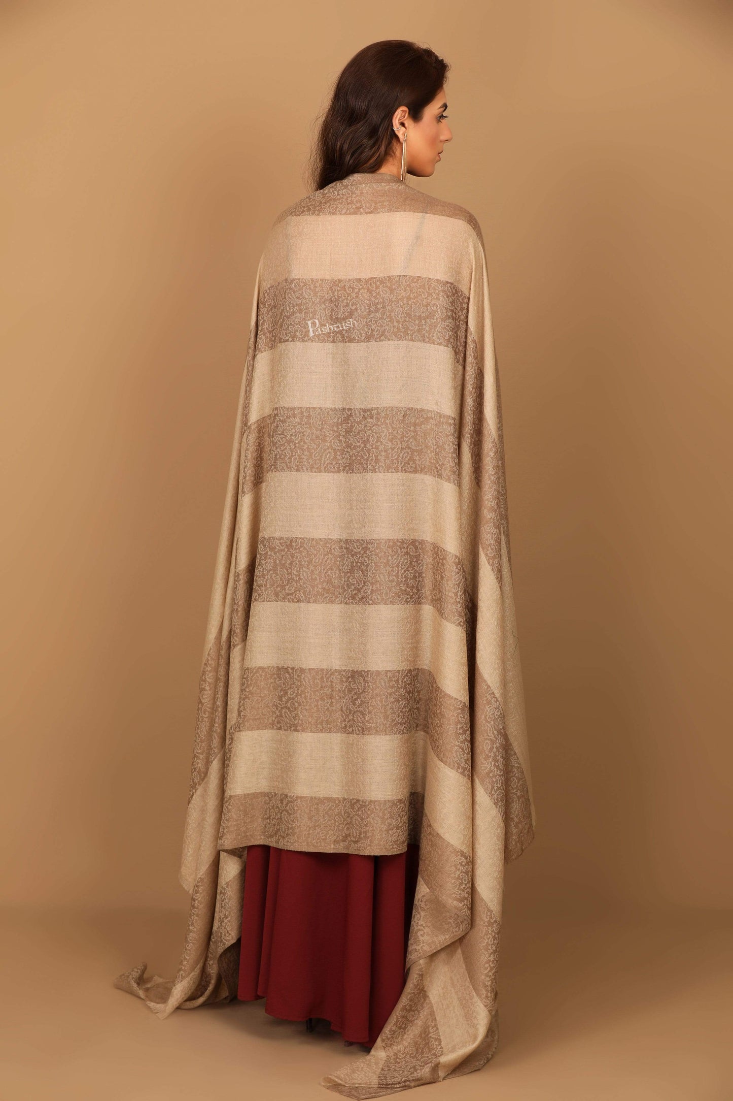 Pashtush Shawl Store Shawl Pashtush Womens Extra Fine Wool Shawl, Soft and Warm, Striped Beige, Large Size