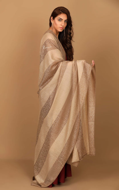 Pashtush Shawl Store Shawl Pashtush Womens Extra Fine Wool Shawl, Soft and Warm, Striped Beige, Large Size