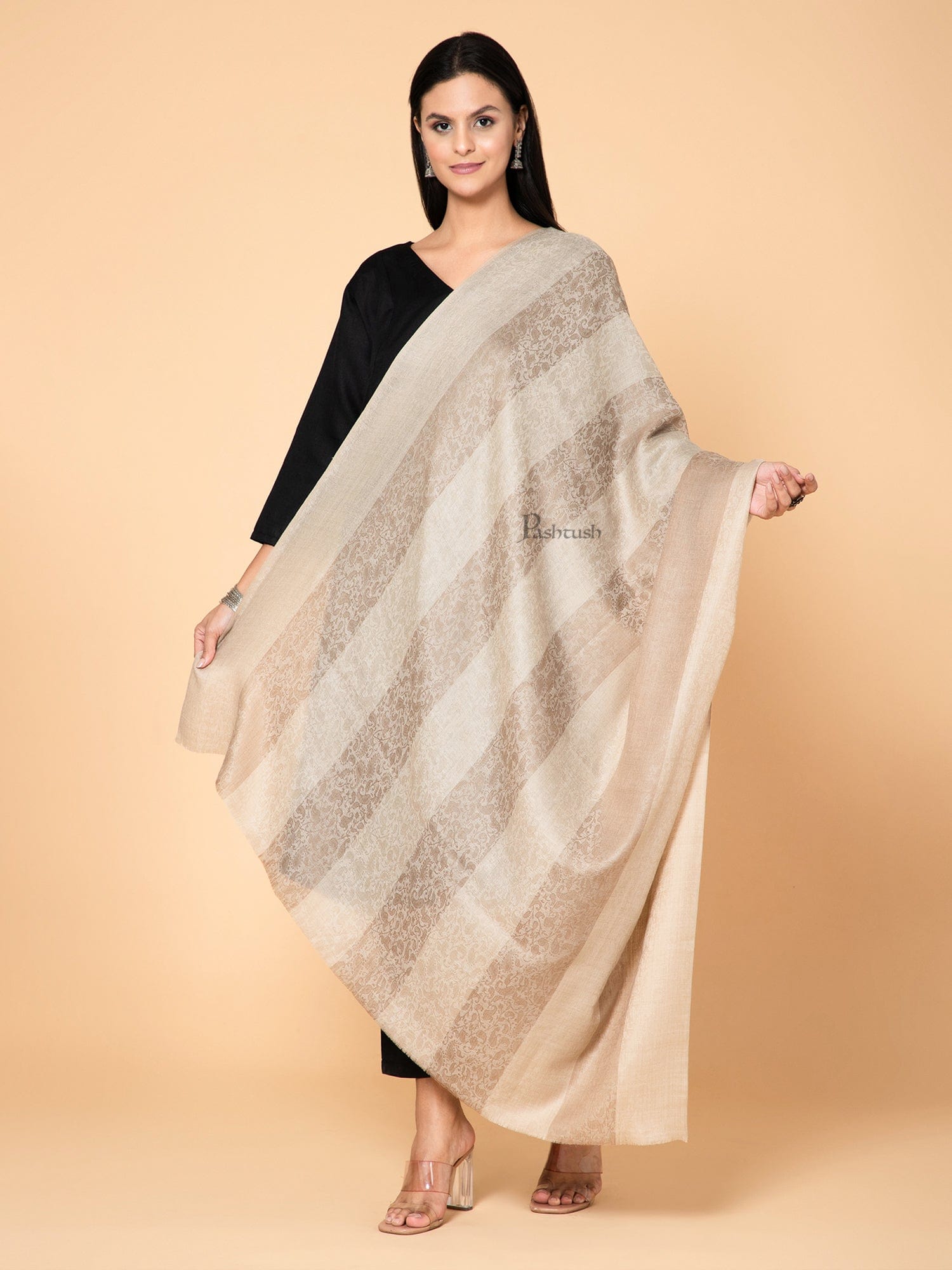 Pashtush India Womens Shawls Pashtush Womens Extra Fine Wool Shawl, Soft And Warm, Striped Beige, Large Size